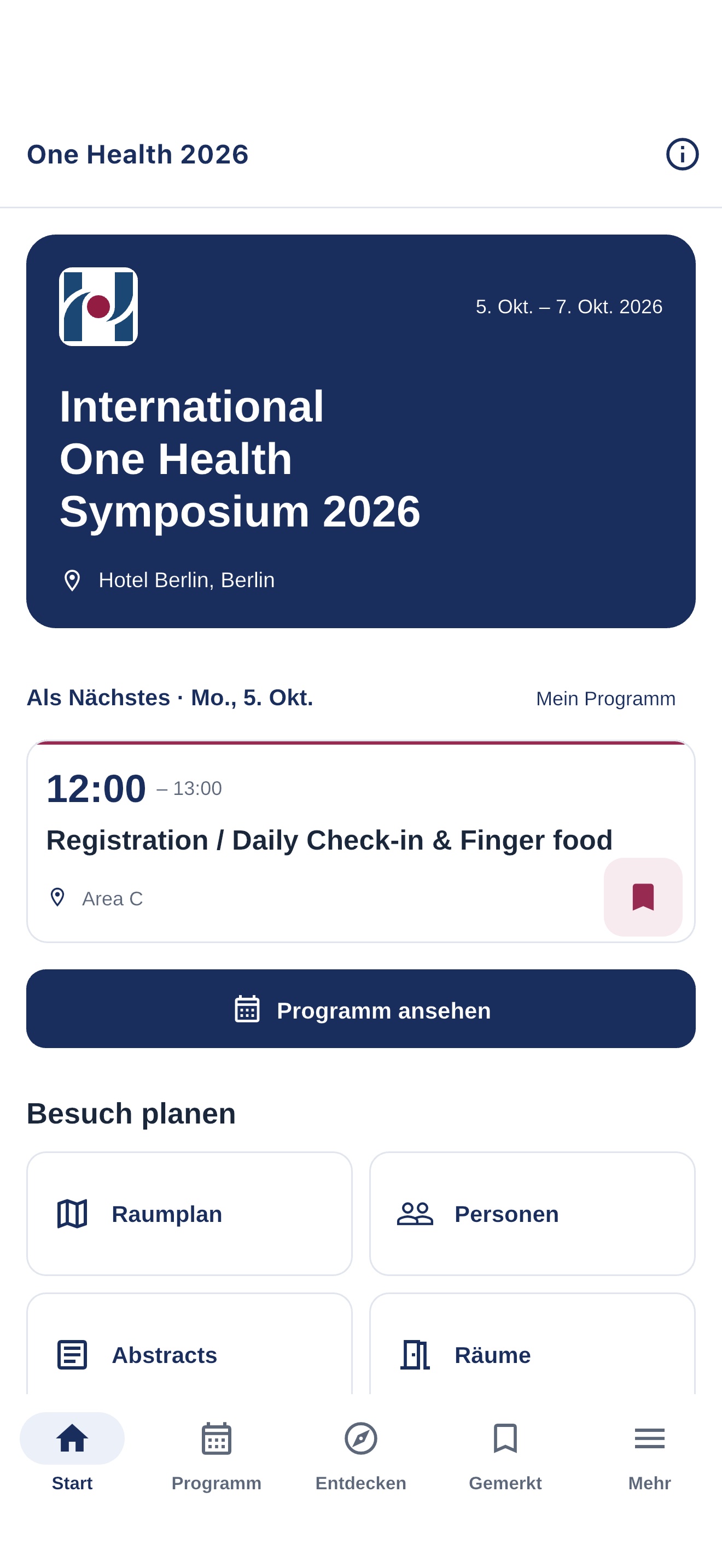 Startseite des One Health Symposium mit dem nächsten Programmpunkt und Zugängen zu Veranstaltungsinformationen