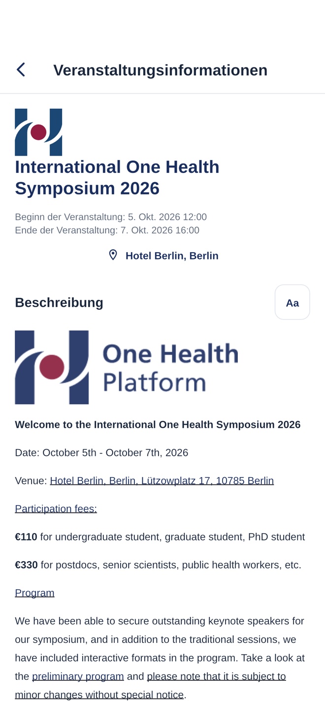 Informationen zum One Health Symposium mit Konferenzlogo, Datum und bearbeitbaren Inhalten