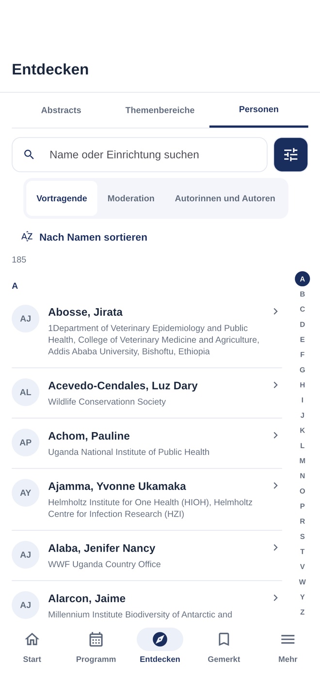 Durchsuchbares Personenverzeichnis des One Health Symposium mit Vortragenden, Sitzungsleitungen und Autorinnen und Autoren