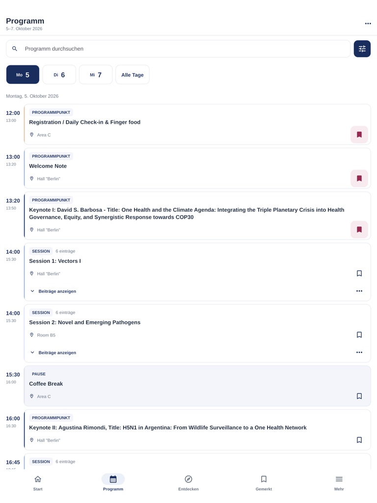 Programm des One Health Symposium in der iPad-Ansicht mit Sitzungen, Uhrzeiten und gespeicherten Einträgen