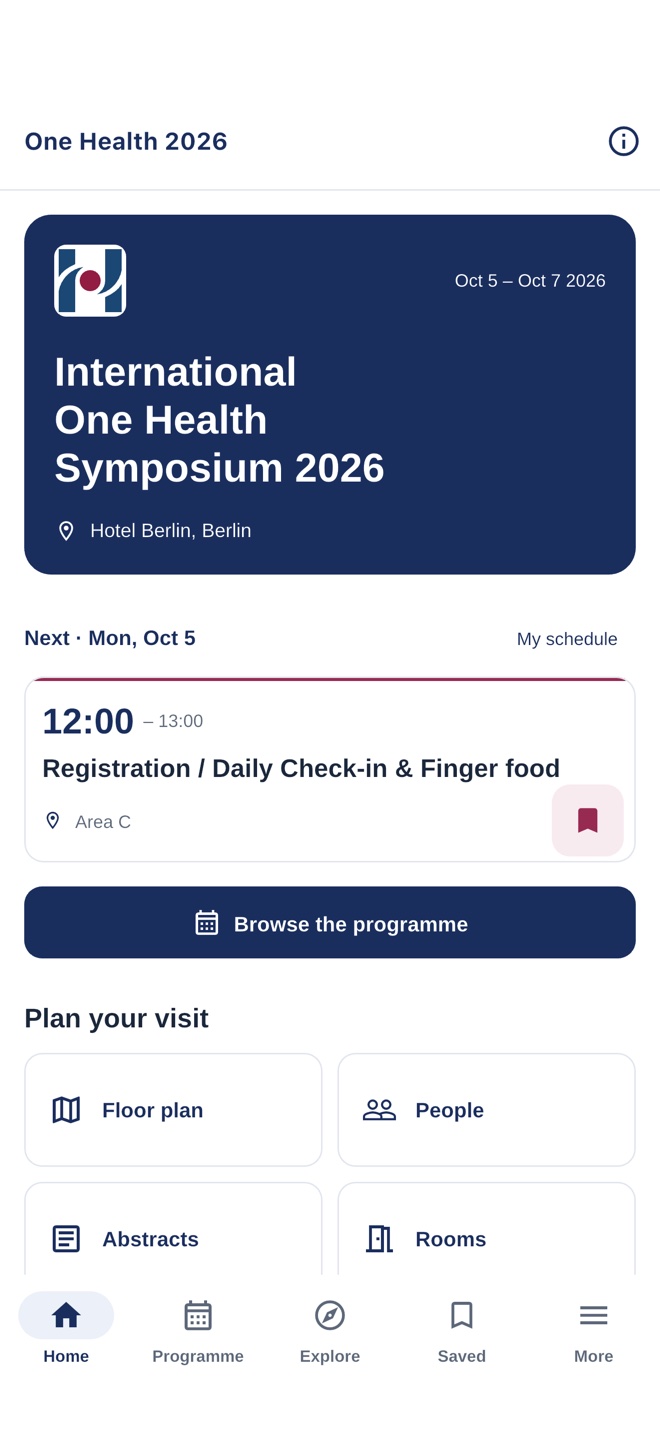 One Health Symposium home screen showing the next programme item and shortcuts to conference information